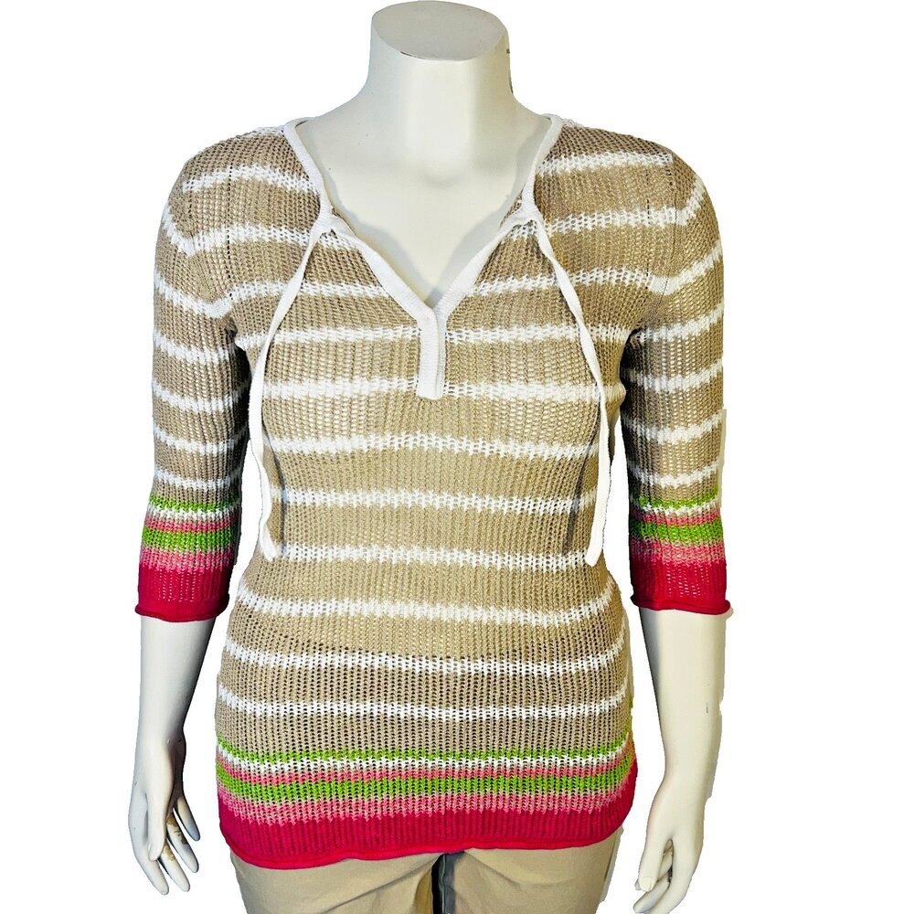 Tommy Bahama Sweater Tunic Womens XS Open Knit Beihe White Stripe V-Neck